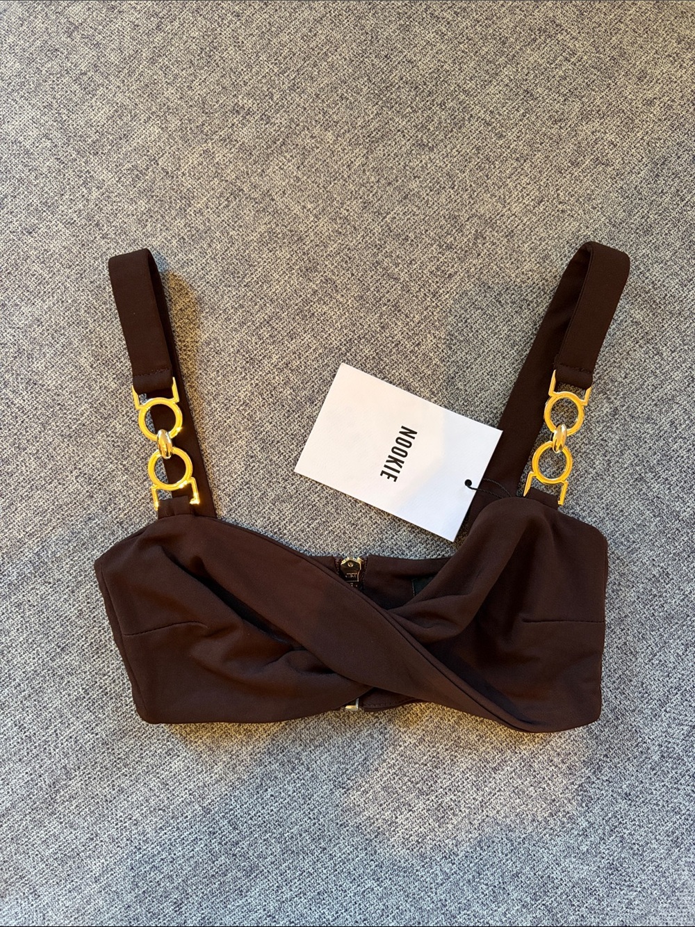 NOOKIE Chocolate Brown Twist Front Crop Camisole with Gold Ring Straps